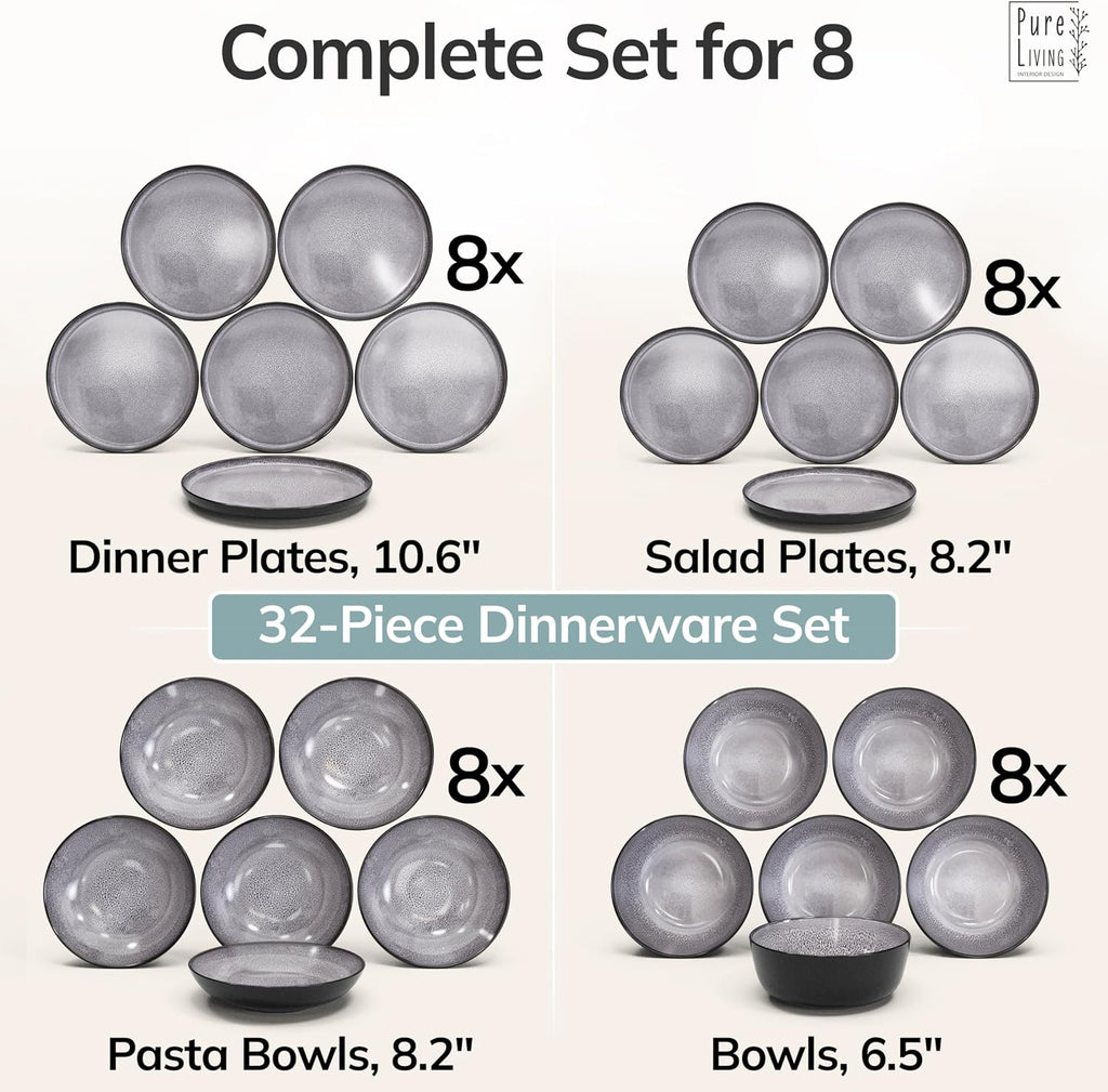 Stoneware dinnerware set 8 persons 32 pcs - Dishwasher, microwave and scratch resistant - Bowl and plate set 8 persons modern - Dinner service Pure Living black in gray…