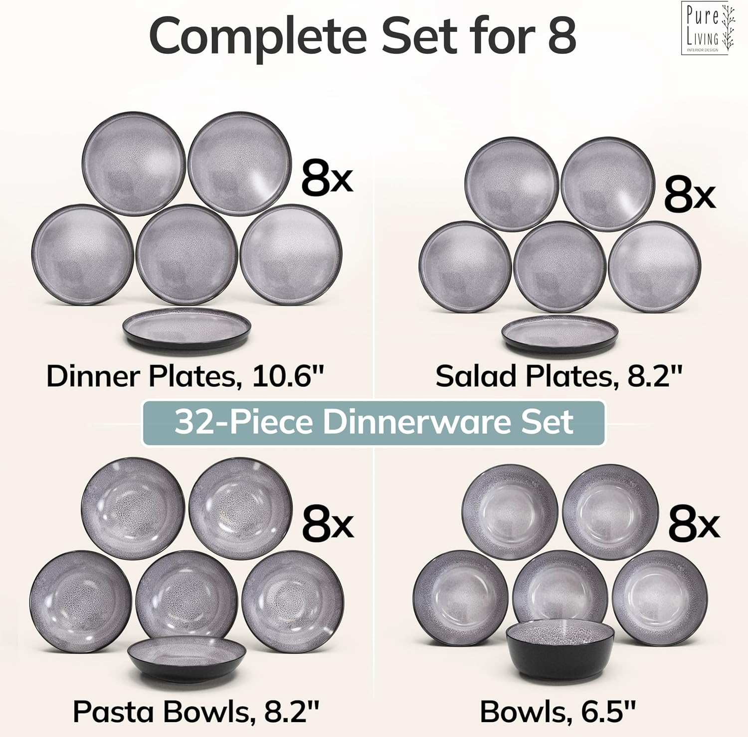 Stoneware dinnerware set 8 persons 32 pcs - Dishwasher, microwave and scratch resistant - Bowl and plate set 8 persons modern - Dinner service Pure Living black in gray…