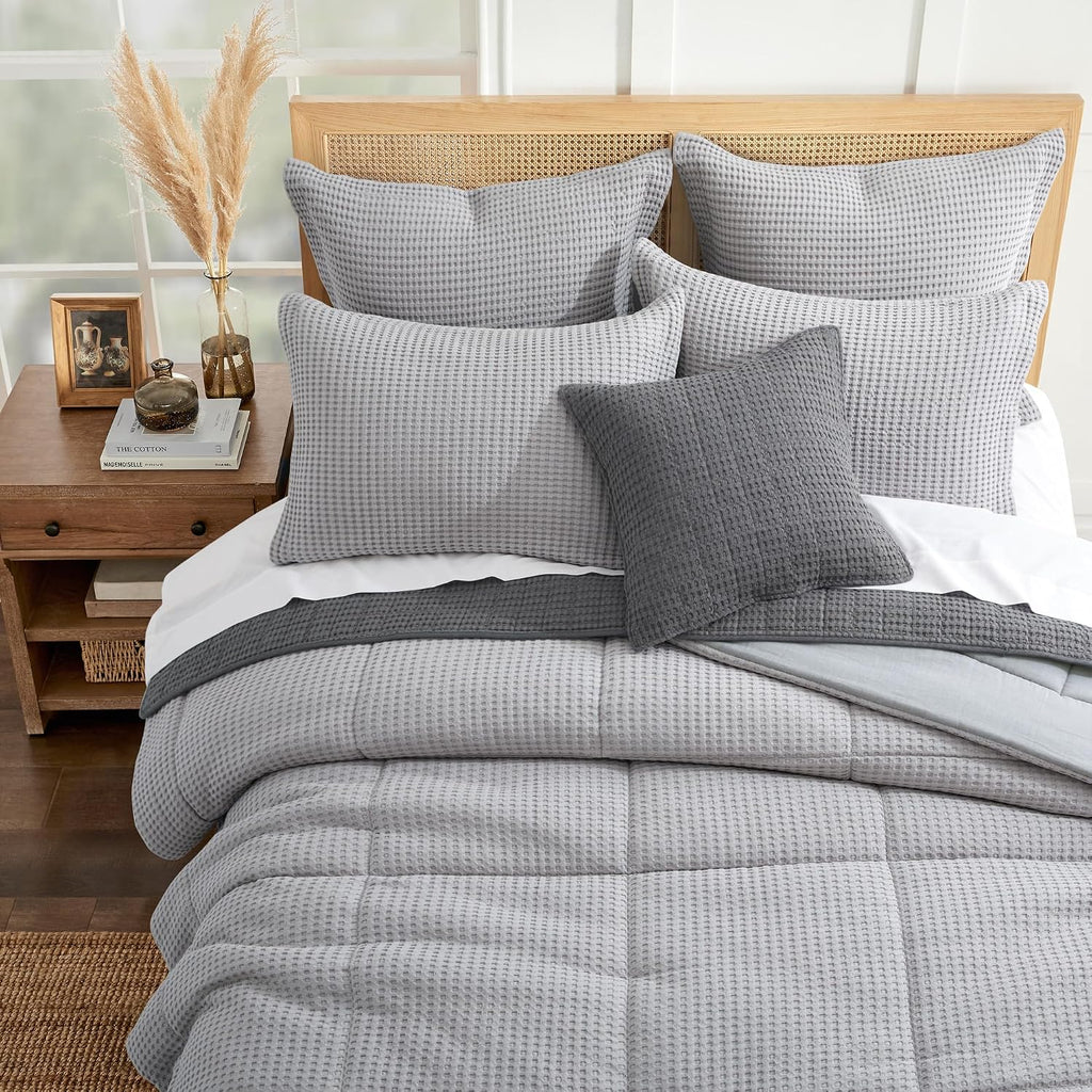 Levtex Home Mills Waffle Full/Queen Comforter Set (90x94in) with 2 Pillow Shams (26x20in) - Grey Pewter - 100% Cotton Full/Queen Size Comforter Set - Soft, Pre-Washed