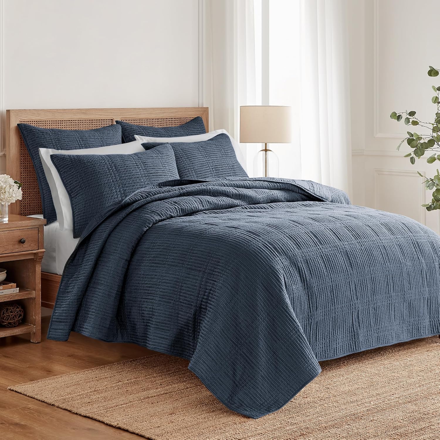 Levtex Home Cloud Waffle King/Cal King Quilt Set (106x92in) and 2 Pillow Shams (36x20in) - Box Quilted Waffle Cotton Texture - Navy - Cotton King Size Quilt Bedding Set - Lightweight Soft Pre-Washed