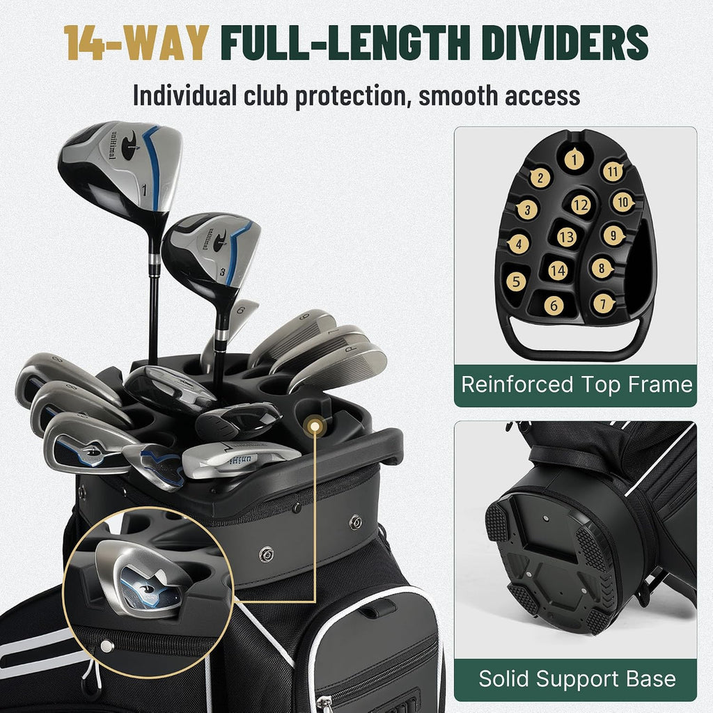 uniHimal Golf Cart Bag with 14-Way Full-Length Dividers, Golf Bag for Men Women with Magnetic Leather Pocket, Handles and Rain Cover, Lightweight Golf Club Bag Includes Cooler Pockets