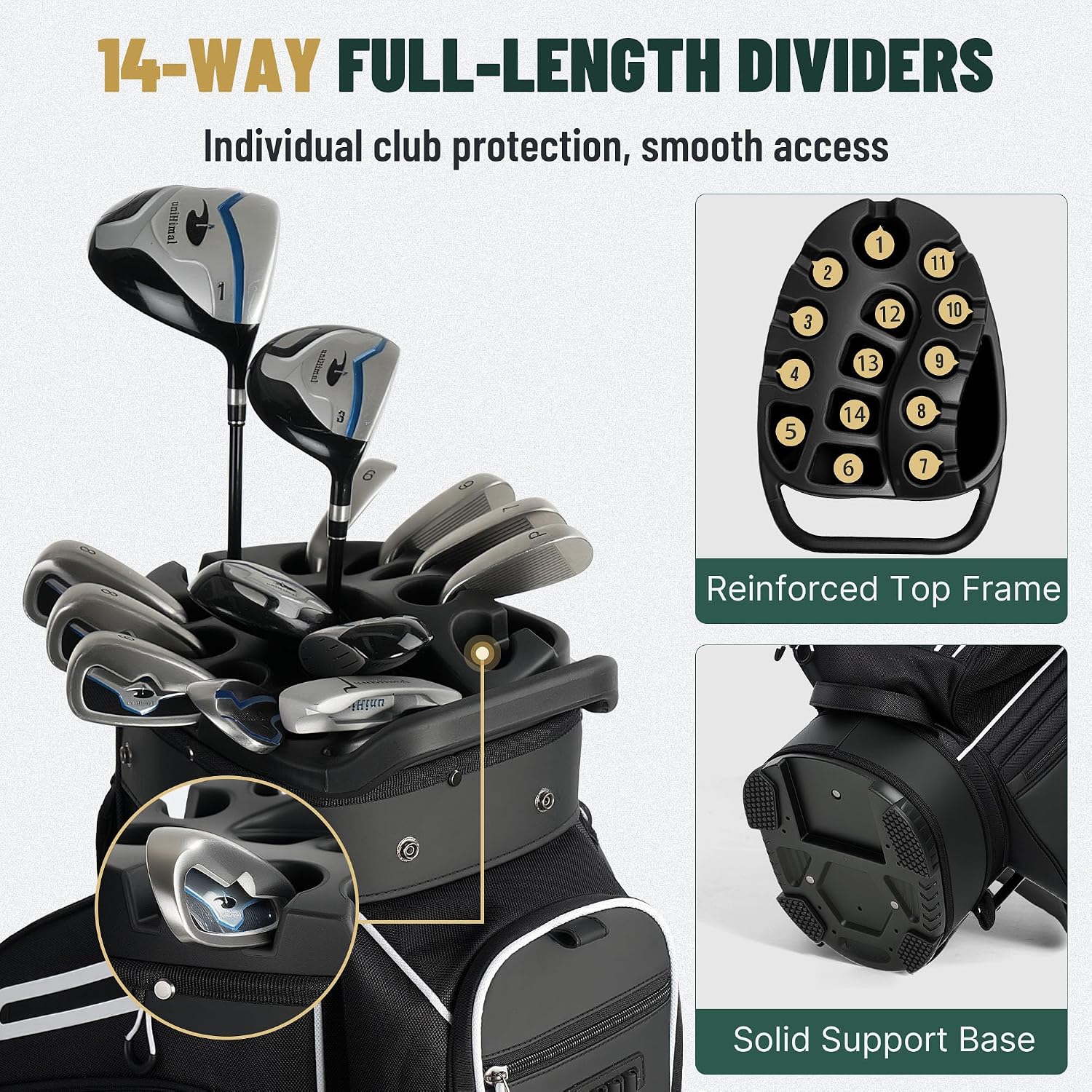 uniHimal Golf Cart Bag with 14-Way Full-Length Dividers, Golf Bag for Men Women with Magnetic Leather Pocket, Handles and Rain Cover, Lightweight Golf Club Bag Includes Cooler Pockets