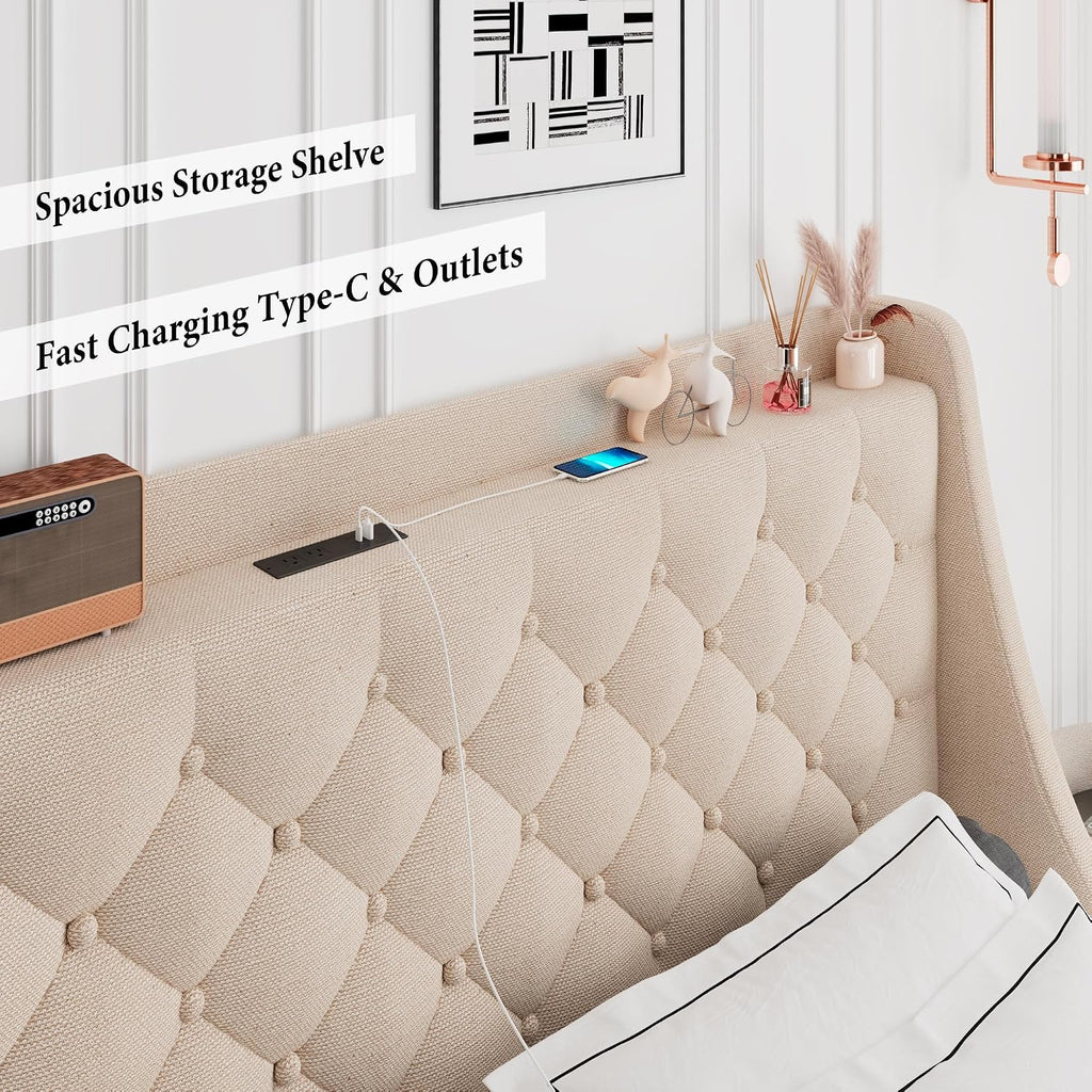 iPormis King Bed Frame with 4 Storage Drawers, Upholstered Platform Bed Frame with Type-C & USB Ports, Wingback Storage Headboard, Solid Wood Slats, No Box Spring Needed, Beige