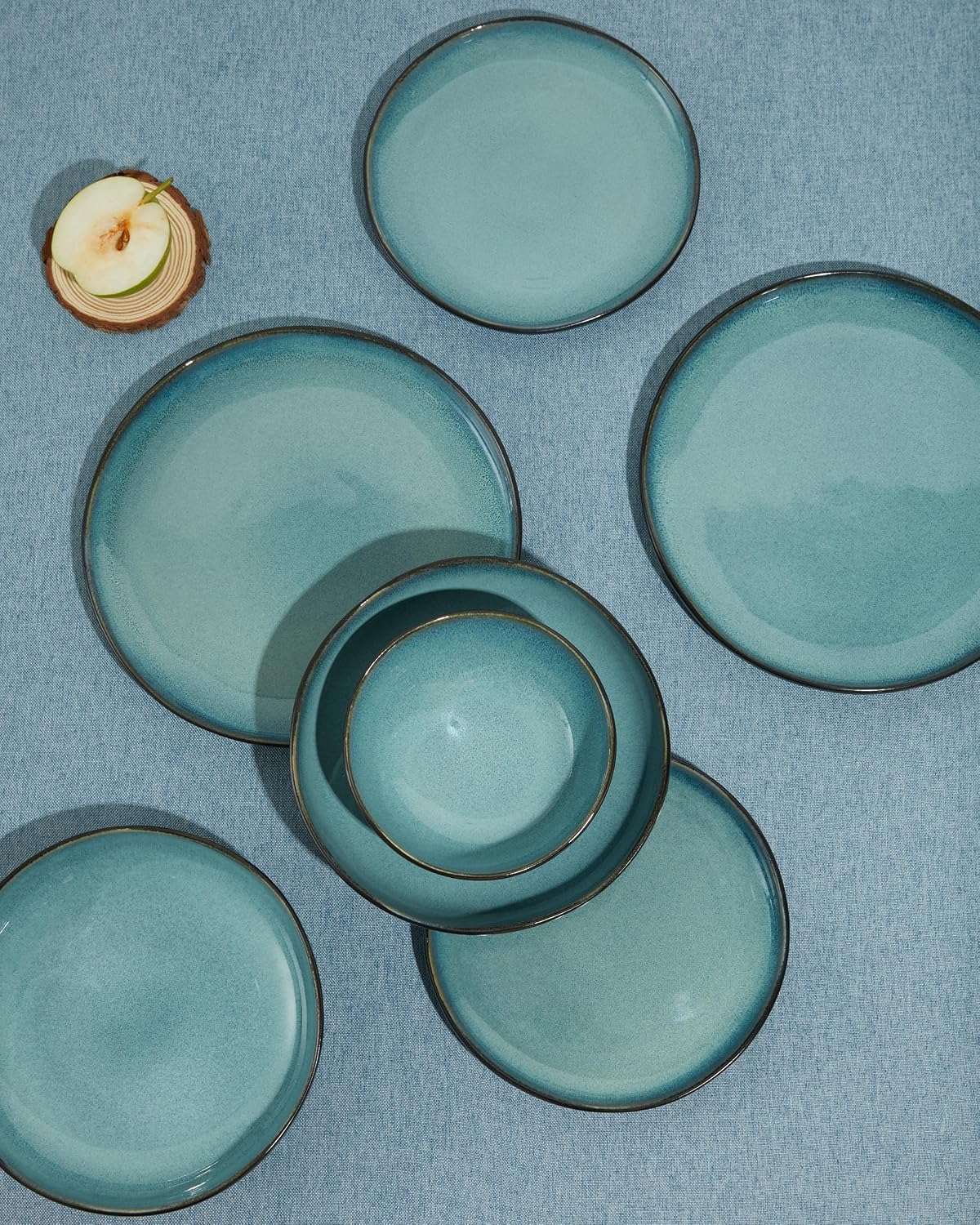 Pokini 32 Piece Dinnerware Set for 8 with Pasta Bowls, Green Black Reactive Glaze Stoneware | All‑in‑One Host Set for Entertaining, Holiday Meals, Multi‑Course Dinners | Unique Irregular Coastal Look