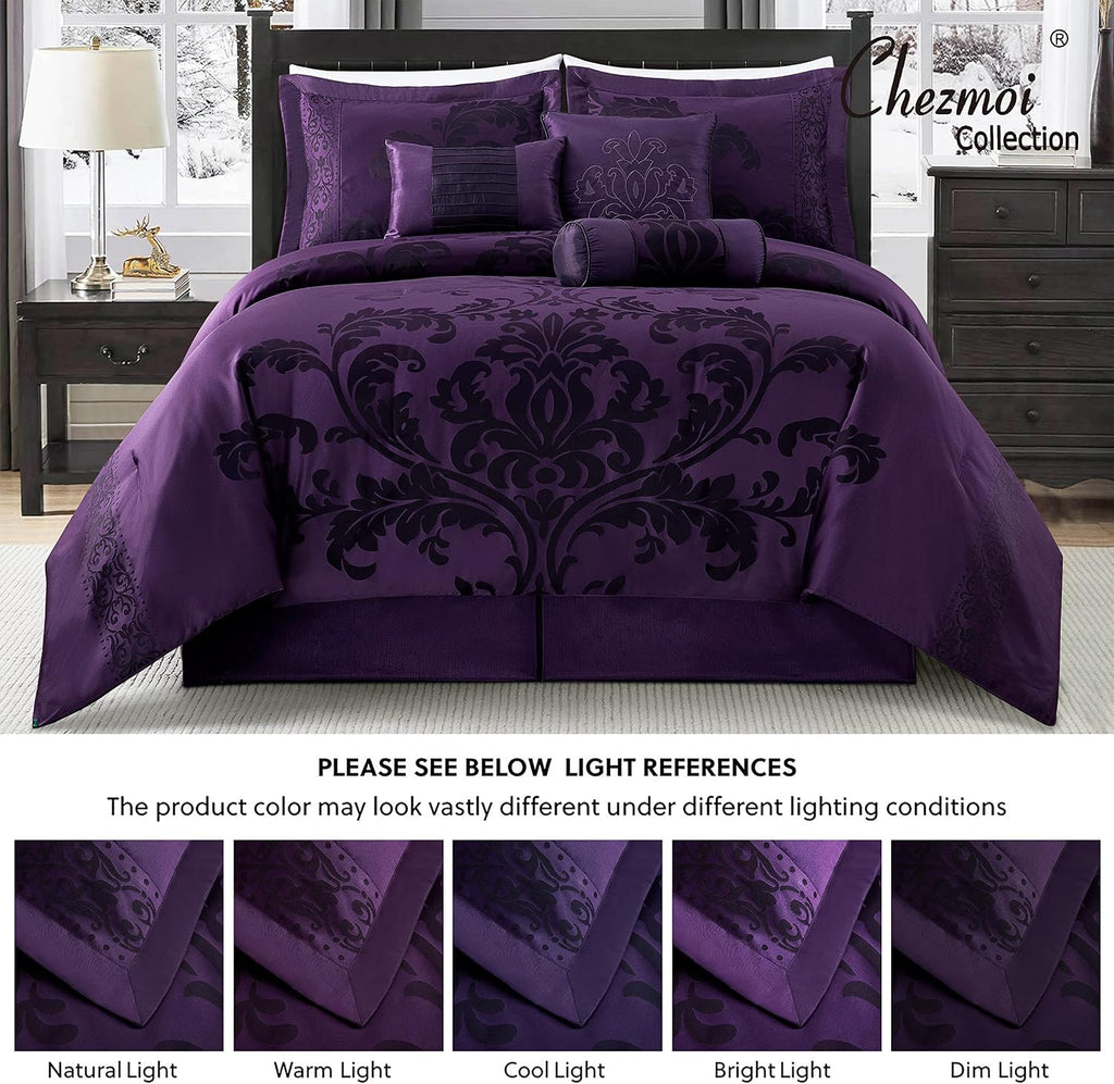 Chezmoi Collection Royale 7-Piece Jacquard Floral Comforter Set, Oversized Queen, Purple/Dark Purple