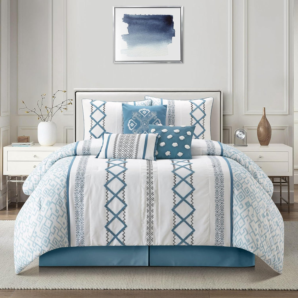 Grand Avenue Blue Comforter Set California King Size, 7 Piece Terry Embroidery All Season Bedding Set, Bedskirt, Pillows & Shams