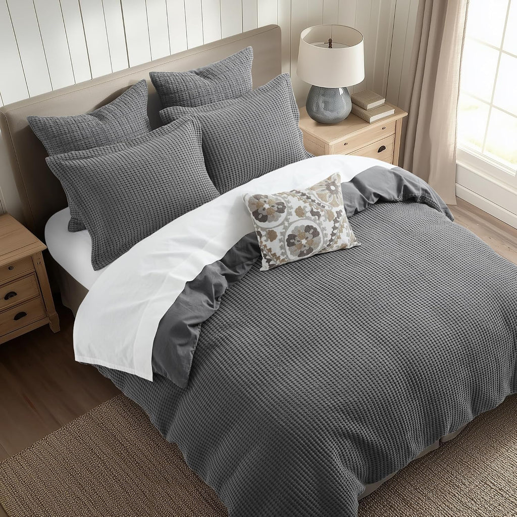Levtex Home Mills Waffle King Duvet Cover Set (106x94in) with 2 Pillow Shams (36x20in) - Charcoal - Cotton King Size Duvet Cover Set - Soft, Pre-Washed