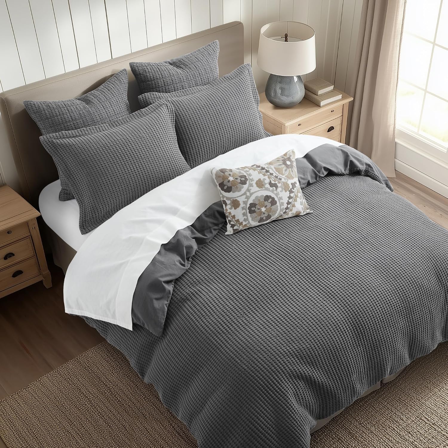 Levtex Home Mills Waffle King Duvet Cover Set (106x94in) with 2 Pillow Shams (36x20in) - Charcoal - Cotton King Size Duvet Cover Set - Soft, Pre-Washed