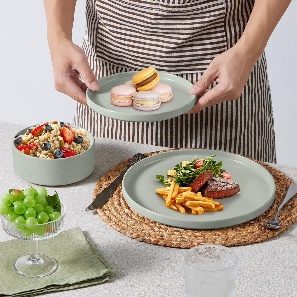 E-far Dinnerware Sets with Pasta Bowls, 24-Piece Stoneware Plates and Bowls Sets for 6 | Microwave & Dishwasher Safe Kitchen Modern Dish Set, Speckled Green