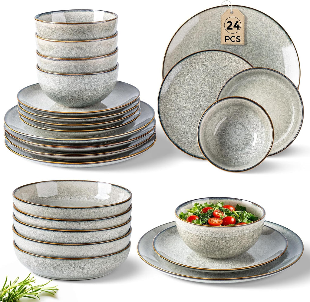 GBHOME Dinnerware Sets for 6, 24 Pieces Stoneware Plates and Bowls Set with Reactive Glaze, Scratch Resistant Stoneware Dishes Set, Dishwasher & Microwave Safe