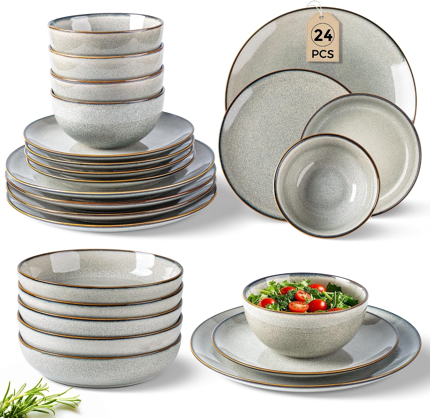 GBHOME Dinnerware Sets for 6, 24 Pieces Stoneware Plates and Bowls Set with Reactive Glaze, Scratch Resistant Stoneware Dishes Set, Dishwasher & Microwave Safe