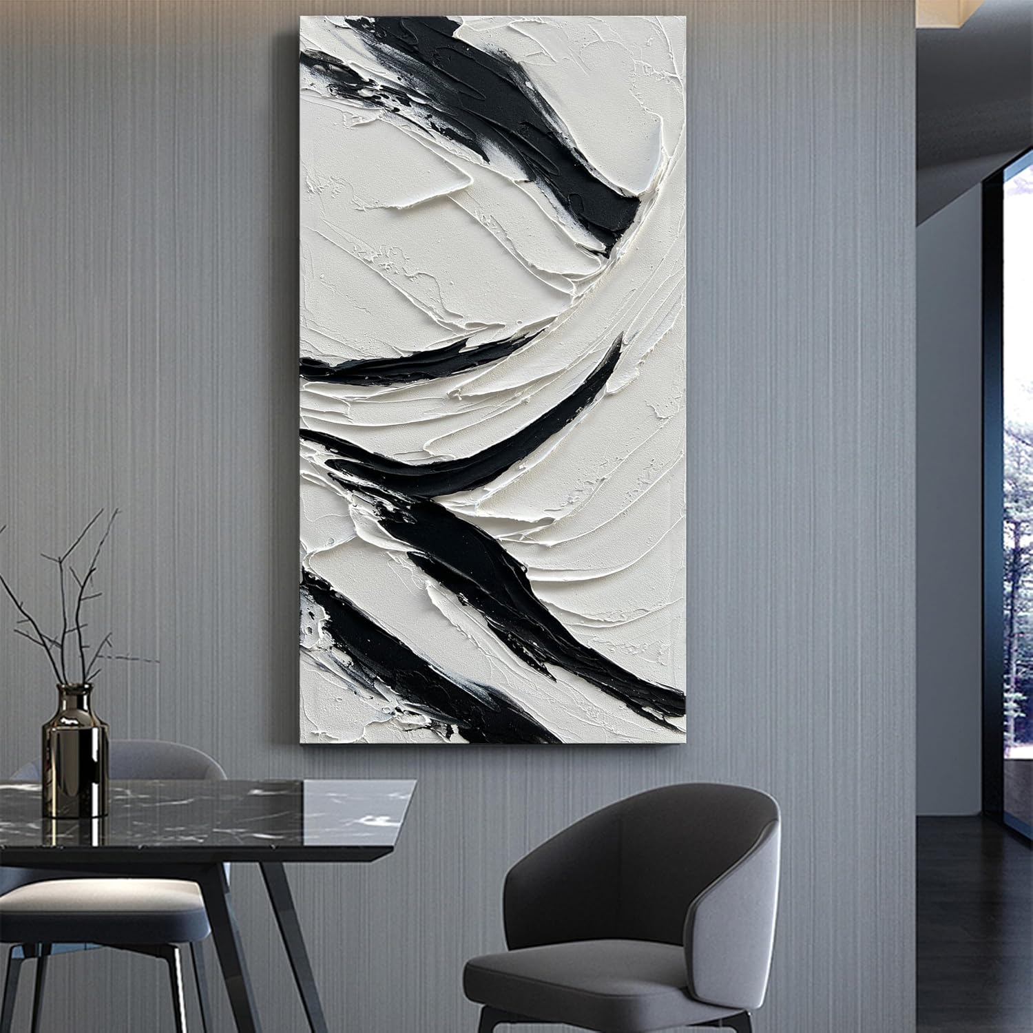 NANKAI Art Hand Painted Oil on Canvas in Black and White 48x24 inches Modern Abstract Minimalist Oil Painting Home Wall Decorative Art