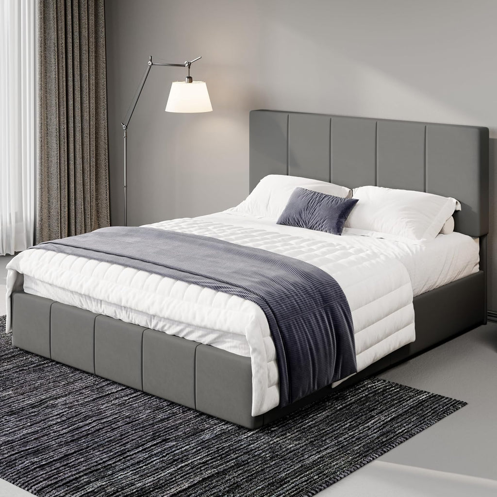 Allewie Full Size Dutch Velvet Upholstered Platform Bed Frame/Vertical Channel Tufted Adjustable Headboard/Low Profile Bed Frame/No Box Spring Needed/Easy Assembly/Grey