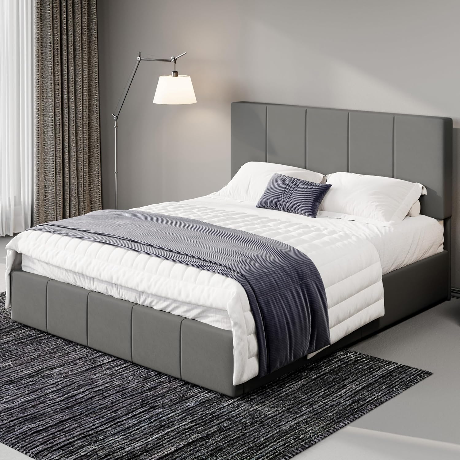 Allewie Full Size Dutch Velvet Upholstered Platform Bed Frame/Vertical Channel Tufted Adjustable Headboard/Low Profile Bed Frame/No Box Spring Needed/Easy Assembly/Grey