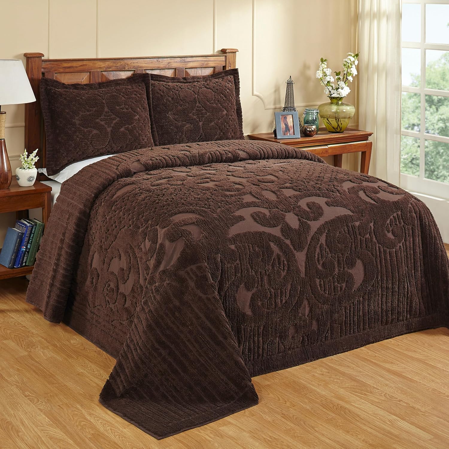 Better Trends Chenille Bedspreads Twin Size, Chocolate 100% Cotton Chenille Medallion Design Tufted Bedding Coverlet Soft Lightweight, 96'x110' with 1 PC Sham 2 Pieces Set Ashton Collection