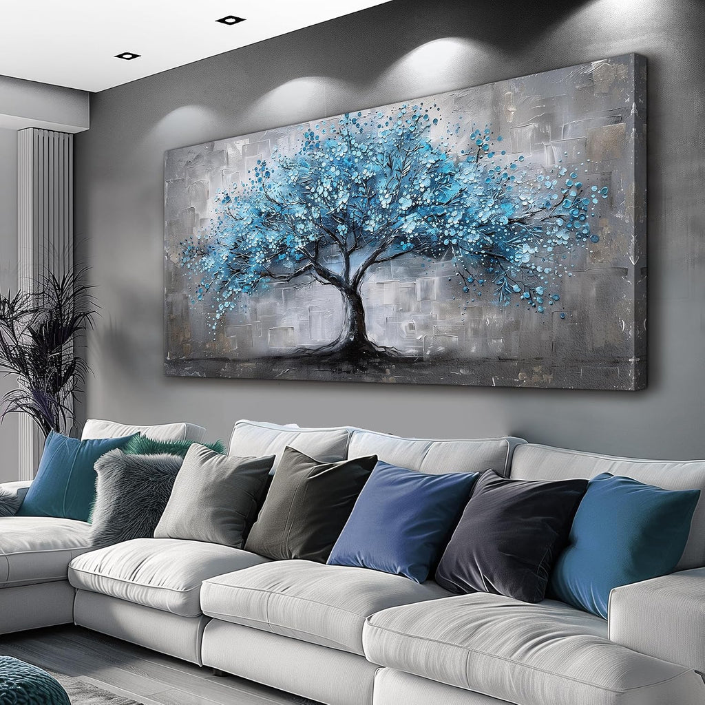 FUHAIHUA Canvas Wall Art For Living Room Large Wall Decor For Office Bedroom Decortions Black And White Pictures Blue Trees Wall Paintings Framed Mural Aesthetic Home Decor Posters Artwork 30x60 In
