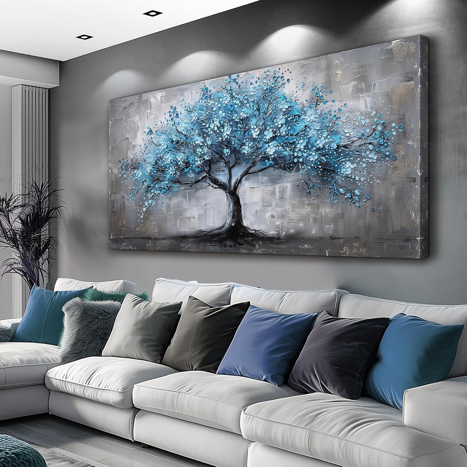 FUHAIHUA Canvas Wall Art For Living Room Large Wall Decor For Office Bedroom Decortions Black And White Pictures Blue Trees Wall Paintings Framed Mural Aesthetic Home Decor Posters Artwork 30x60 In