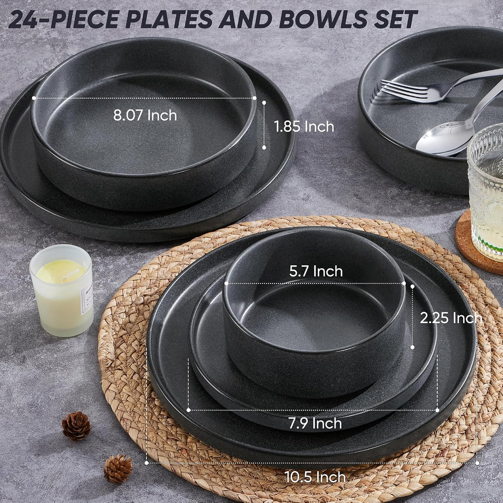 E-far Dinnerware Sets with Pasta Bowls, 24-Piece Stoneware Plates and Bowls Sets for 6 | Microwave & Dishwasher Safe Kitchen Modern Dish Set, Deep Gray