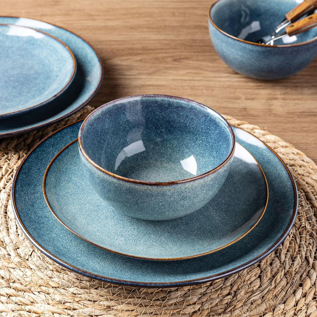 AmorArc Ceramic Dinnerware Sets for 8, 24 Pieces Handpainted Plates and Bowls Set, Scratch Resistant Stoneware Dishes Set, Dishwasher & Microwave Safe, Ceylon Blue