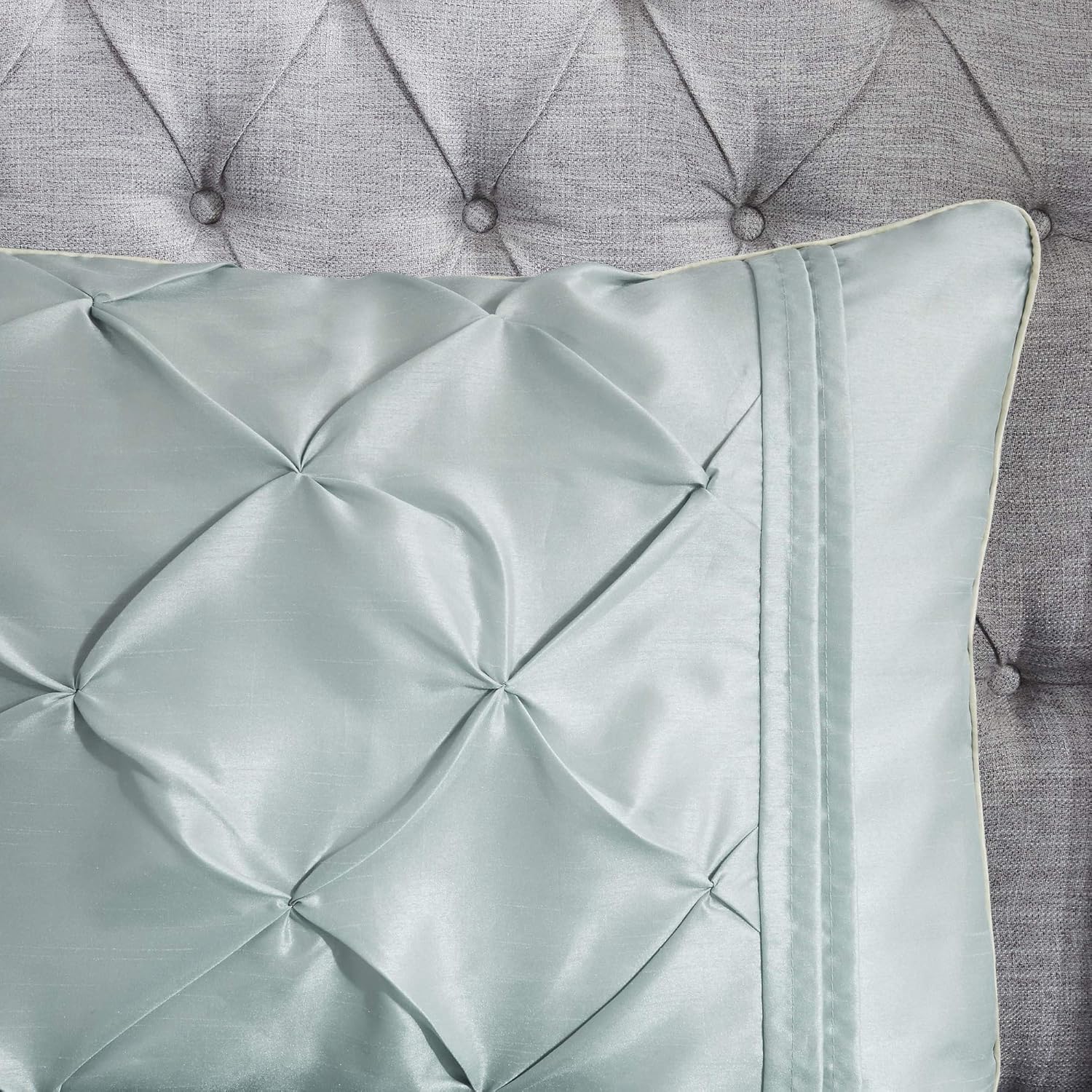 Madison Park Laurel Cal King Size Bed Comforter Set Bed In A Bag - Seafoam , Wrinkle Tufted Pleated – 7 Pieces Bedding Sets – Faux Silk Bedroom Comforters
