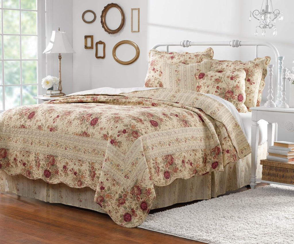 Greenland Home Antique Rose 100% Cotton Heirloom-Quality Quilt Set, 4-Piece Twin/XL, Ecru