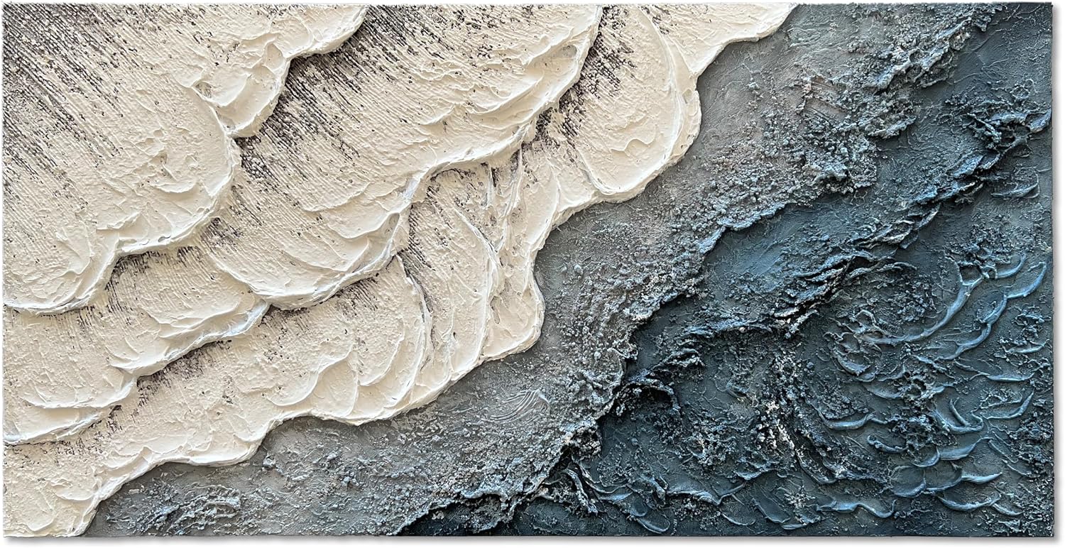 Art Hand-Painted White and Blue Gradient Wave Texture Abstract Oil Painting, 24x48-inch Canvas Painting, Home Office Wall Decoration Art