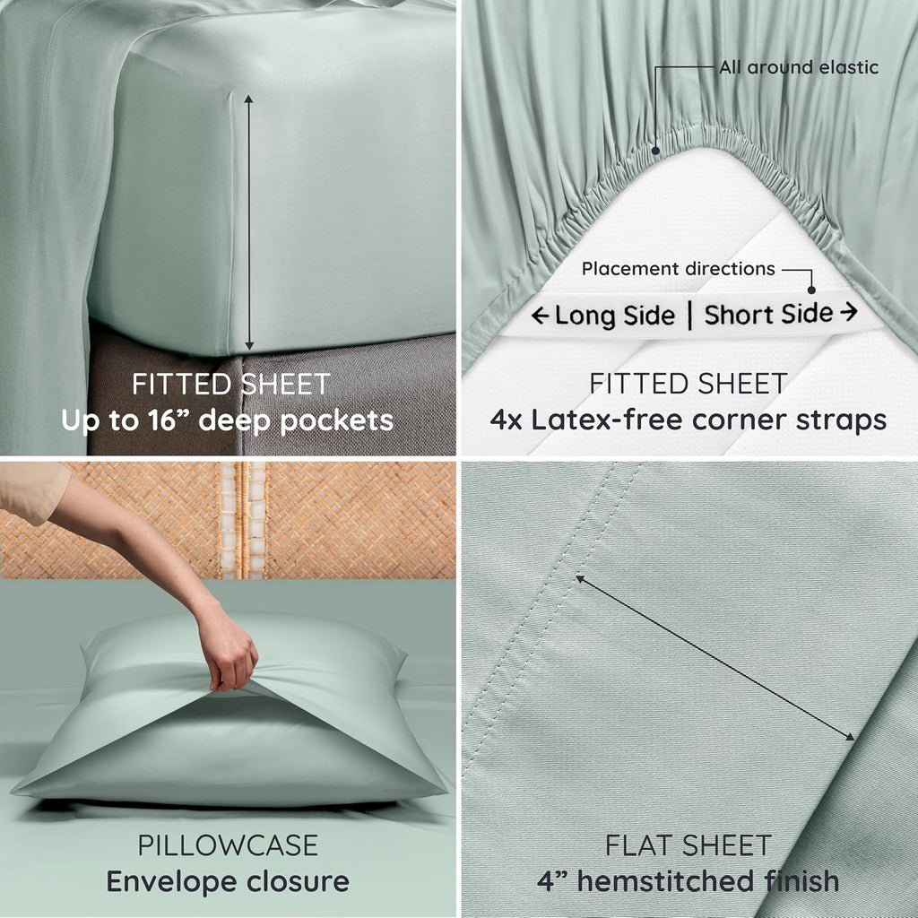 Bambaw King Sheet Set 6pcs – 100% Viscose Derived from Bamboo Sheets King Size Deep Pocket, Fits Up to 16'' with Elastic Corner Straps, Soft Cooling Sheets for Hot Sleepers (Sea Glass)