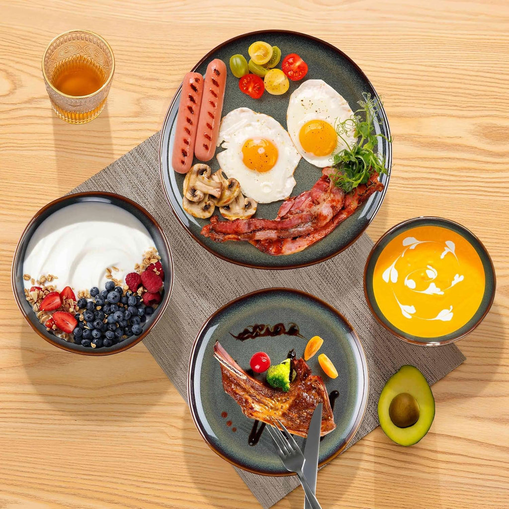 Herogo Stoneware Dinnerware Sets for 6, 24 Piece Ceramic Dinner Dishes Set, Irregular Handmade Plates and Bowls Dishware, Crack and Scratch Resistant, Reactive Glaze, Lichen Green