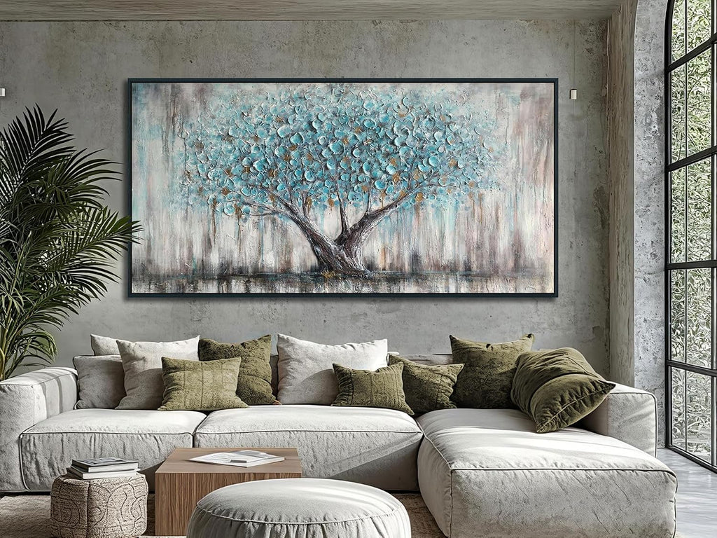 Arjun Framed Blue Tree Extra Large Canvas Wall Art for Living Room Tree of Life Abstract Bedroom Textured Painting, Nature Picture Panoramic Landscape Artwork Home Office Decor, Black Wood 58'x29'