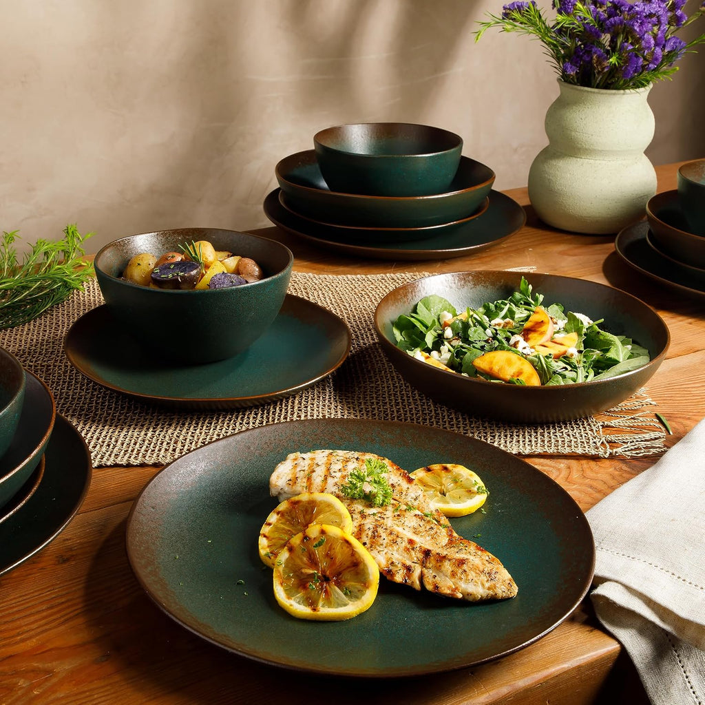 Bloomhouse - Two Time Oprah's Favorite Things Winner - Palermo Sun Double Bowl Stoneware Reactive Glaze Plates and Bowls Dinnerware Set - Agave Blue, Service for Four (16pcs)