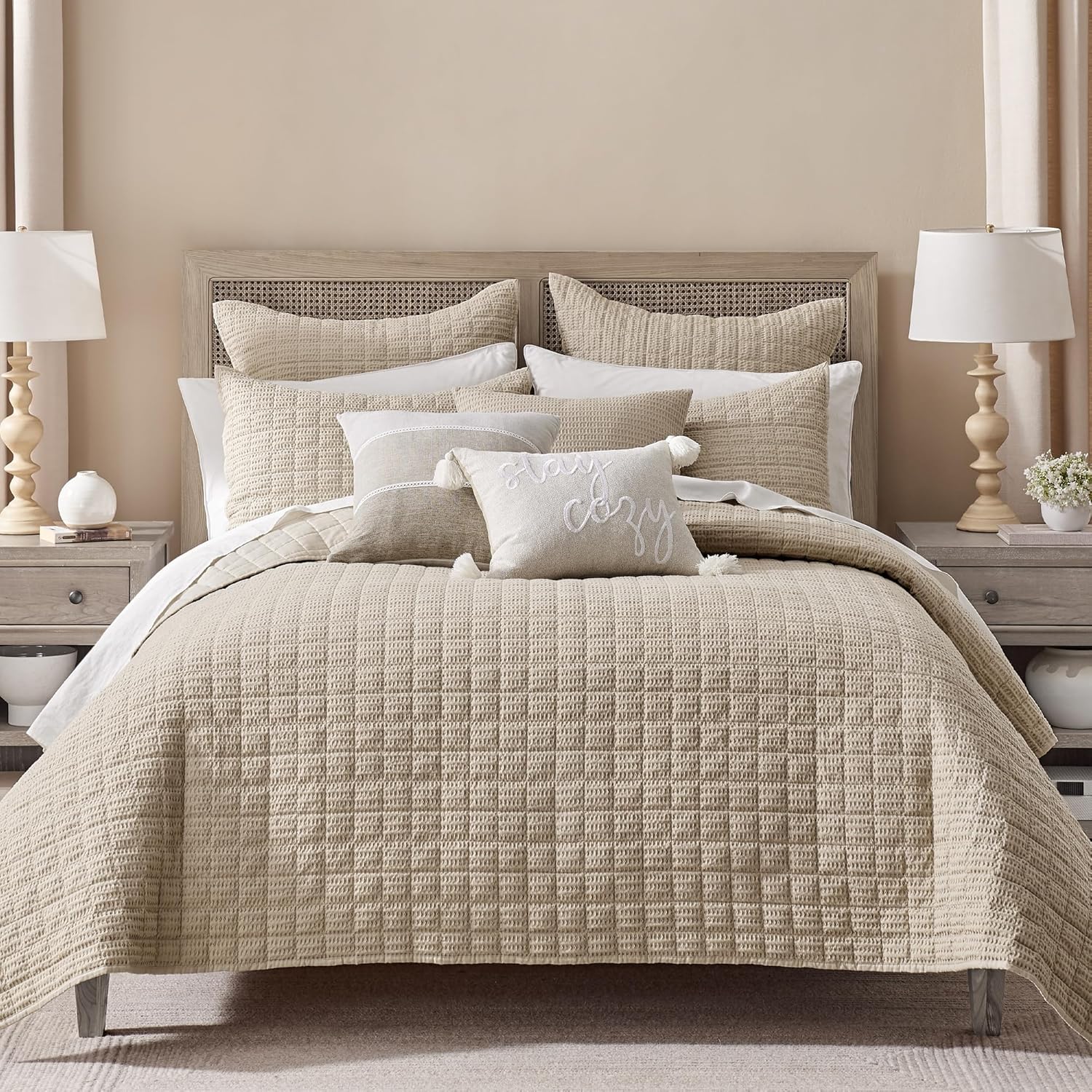 Levtex Home Cloud Waffle Full/Queen Quilt Set (88x92in) and 2 Pillow Shams (26x20in) - Box Quilted Waffle Texture - Flax Beige - Cotton Full/Queen Size Quilt Bedding Set - Lightweight Soft Pre-Washed | Textured