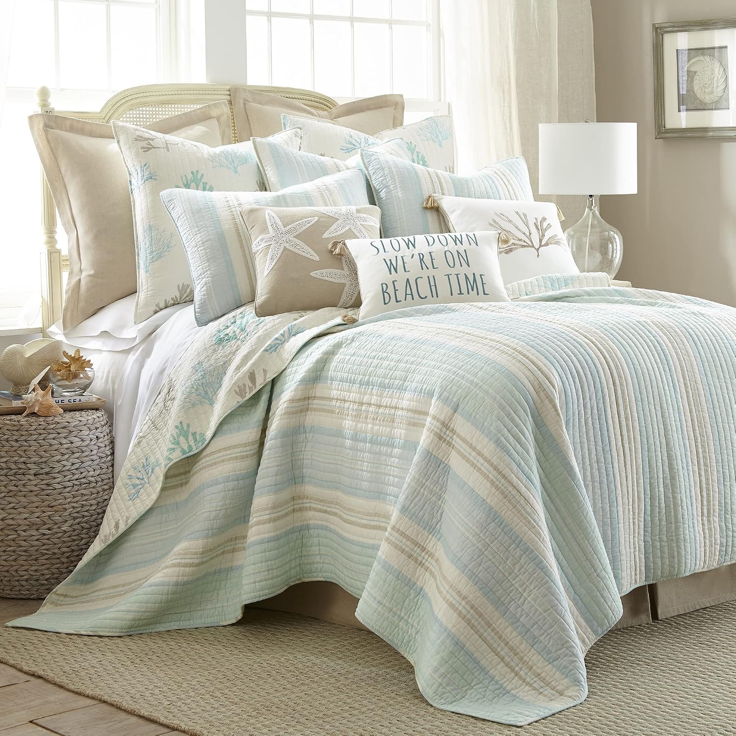 Levtex Home - Stone Harbor Twin/Twin XL Quilt - Striped Coastal - Light Blue, Taupe, & Cream - Quilt Size 68x86in. and One Sham Size 20x26 - Reversible - Cotton Fabric