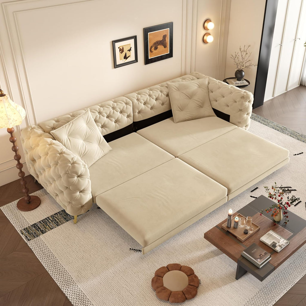 WILLIAMSPACE 97.7' 3-in-1 Convertible Sleeper Sofa Bed, Modern Button Tufted 28.4' Deep Seat Pull Out Couch Bed with Movable Ottoman, Multi-Functional 4-Seater Couch for Living Room, Velvet - Apricot