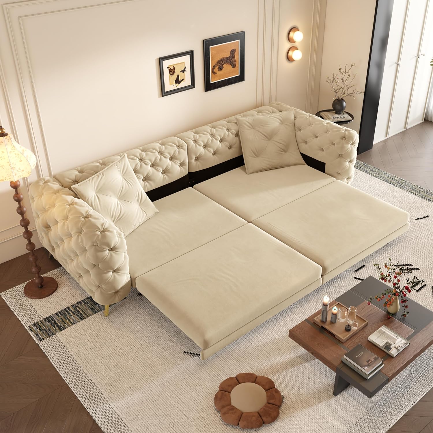 WILLIAMSPACE 97.7' 3-in-1 Convertible Sleeper Sofa Bed, Modern Button Tufted 28.4' Deep Seat Pull Out Couch Bed with Movable Ottoman, Multi-Functional 4-Seater Couch for Living Room, Velvet - Apricot