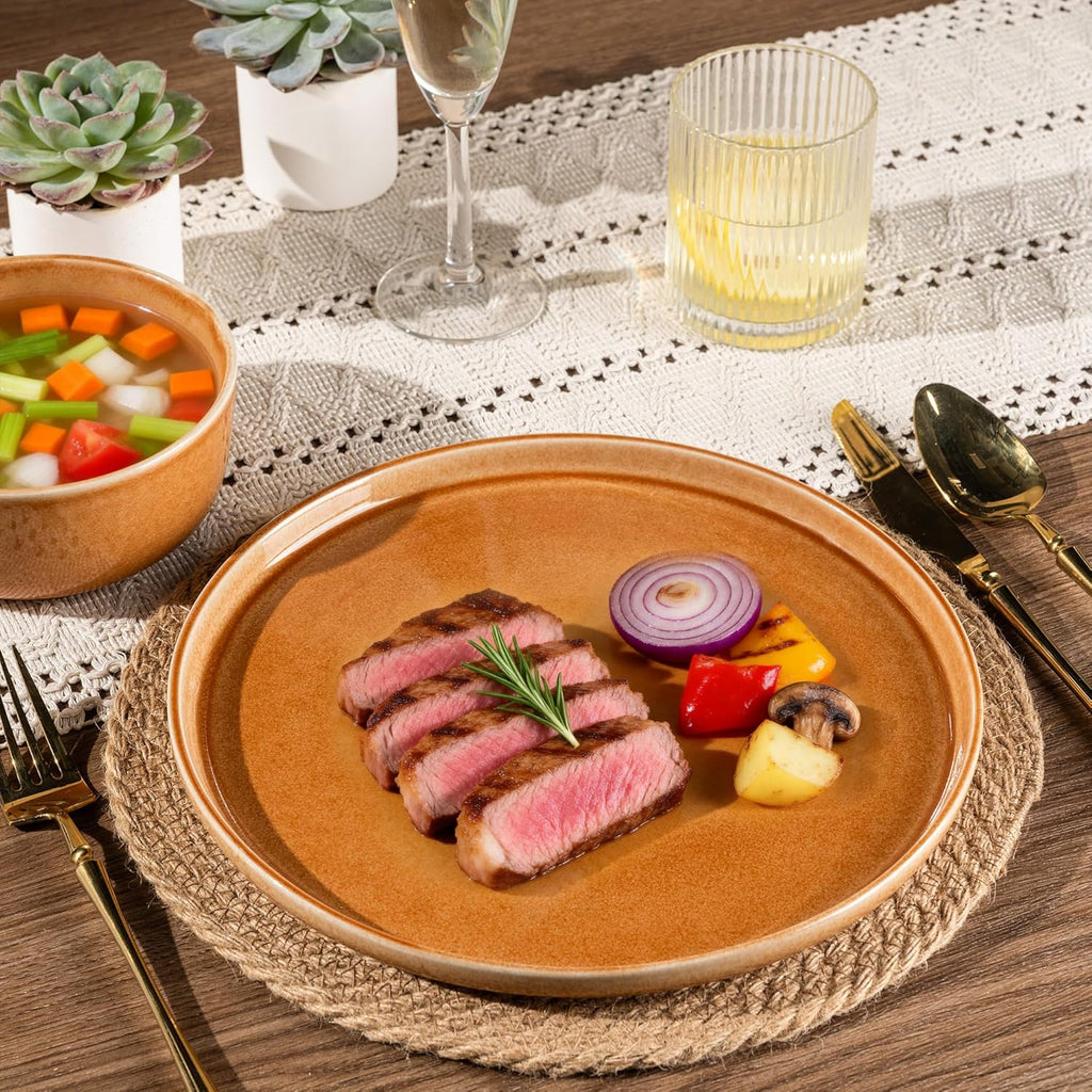 GBHOME Ceramic Dinnerware Sets for 8, 24 Pieces Stoneware Plates and Bowls Sets, Scratch Resistant Dishes, Dishwasher & Microwave Safe, Reactive Glaze-Amber