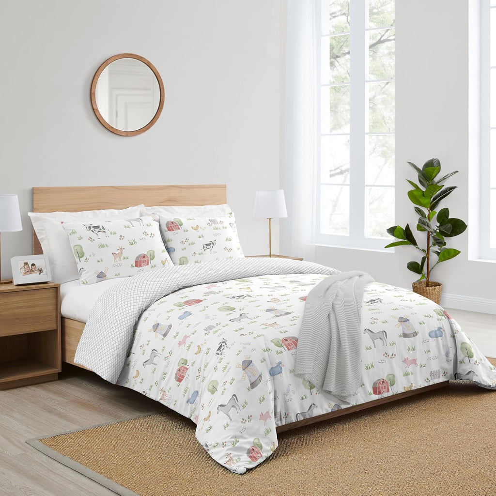 Sweet Jojo Designs Farm Animals Boy Girl Full/Queen Size Kid Childrens Bedding Comforter Set - 3 Pieces - Watercolor Farmhouse Lattice Horse Cow Sheep Pig