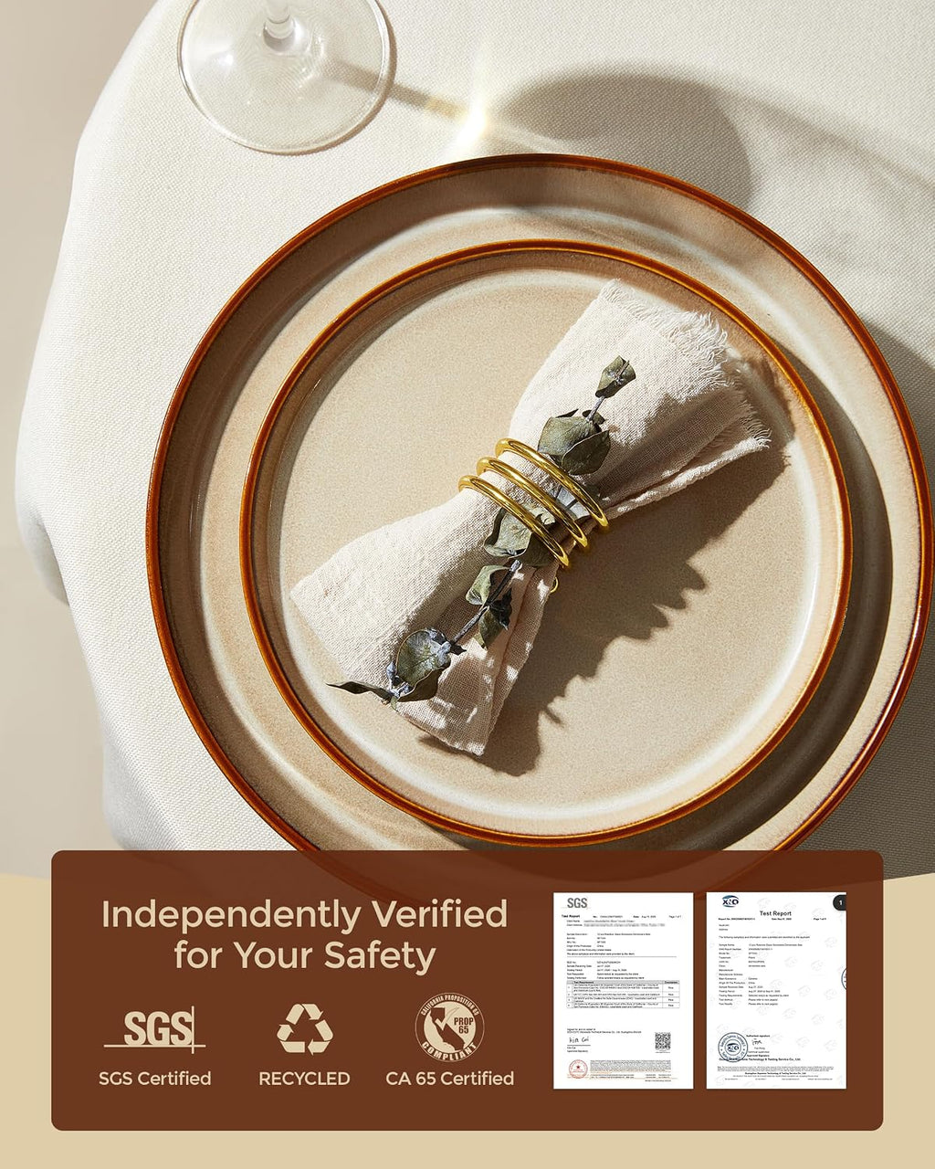 Pokini Dinnerware Set for 8, Ceramic Dish Sets, Plate and Bowl Set, Microwave & Dishwasher Safe Dishware Set, Chip & Scratch Resistant Dinner Set, One-of-a-Kind Design, Amber Brown