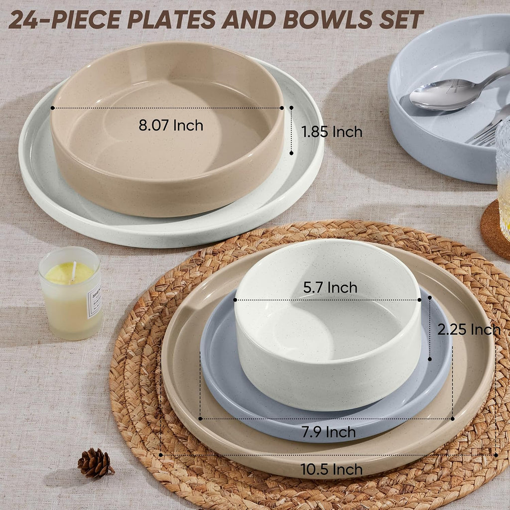 E-far Dinnerware Sets with Pasta Bowls, 24-Piece Stoneware Plates and Bowls Sets for 6 | Microwave & Dishwasher Safe Kitchen Modern Dish Set, Speckled Multicolor