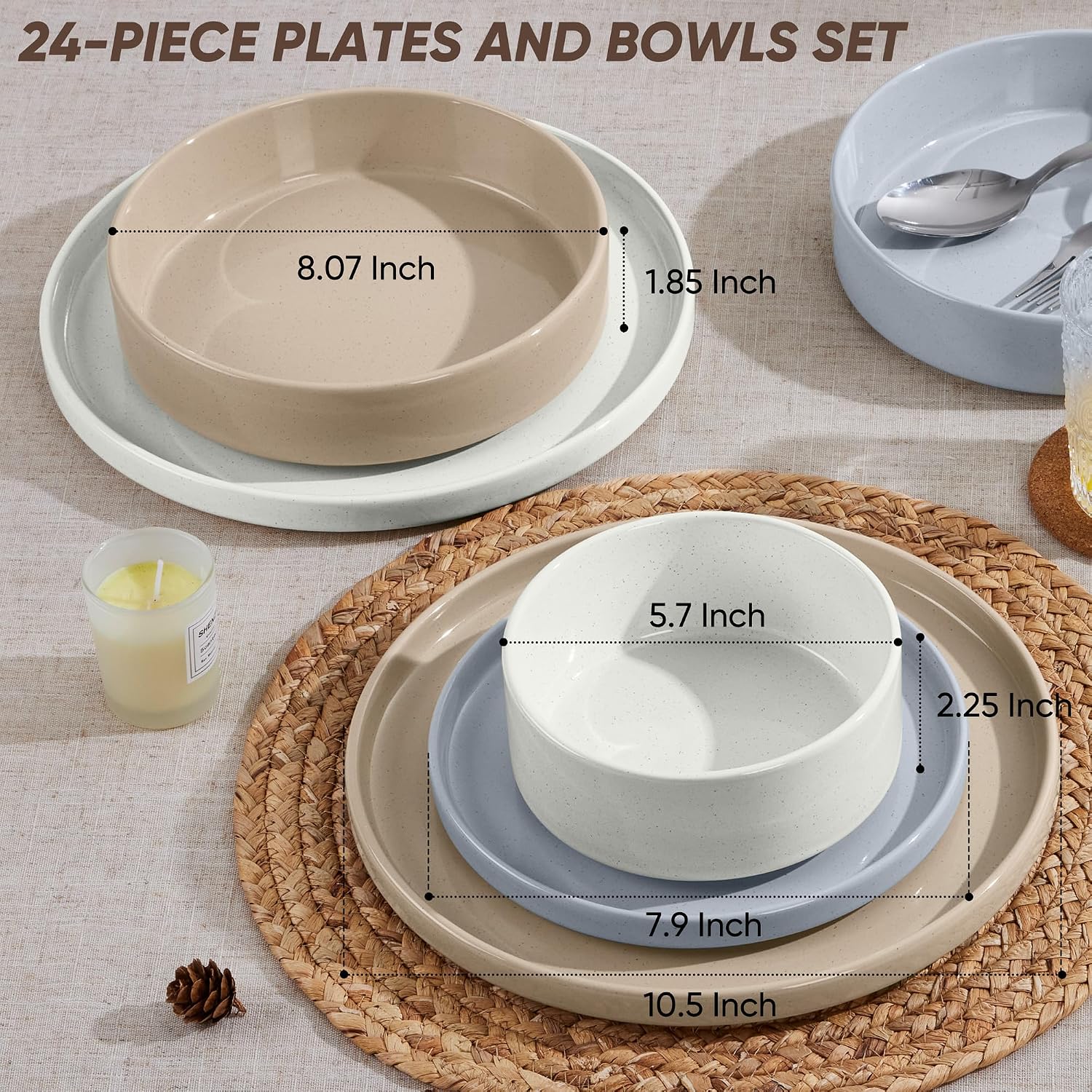E-far Dinnerware Sets with Pasta Bowls, 24-Piece Stoneware Plates and Bowls Sets for 6 | Microwave & Dishwasher Safe Kitchen Modern Dish Set, Speckled Multicolor
