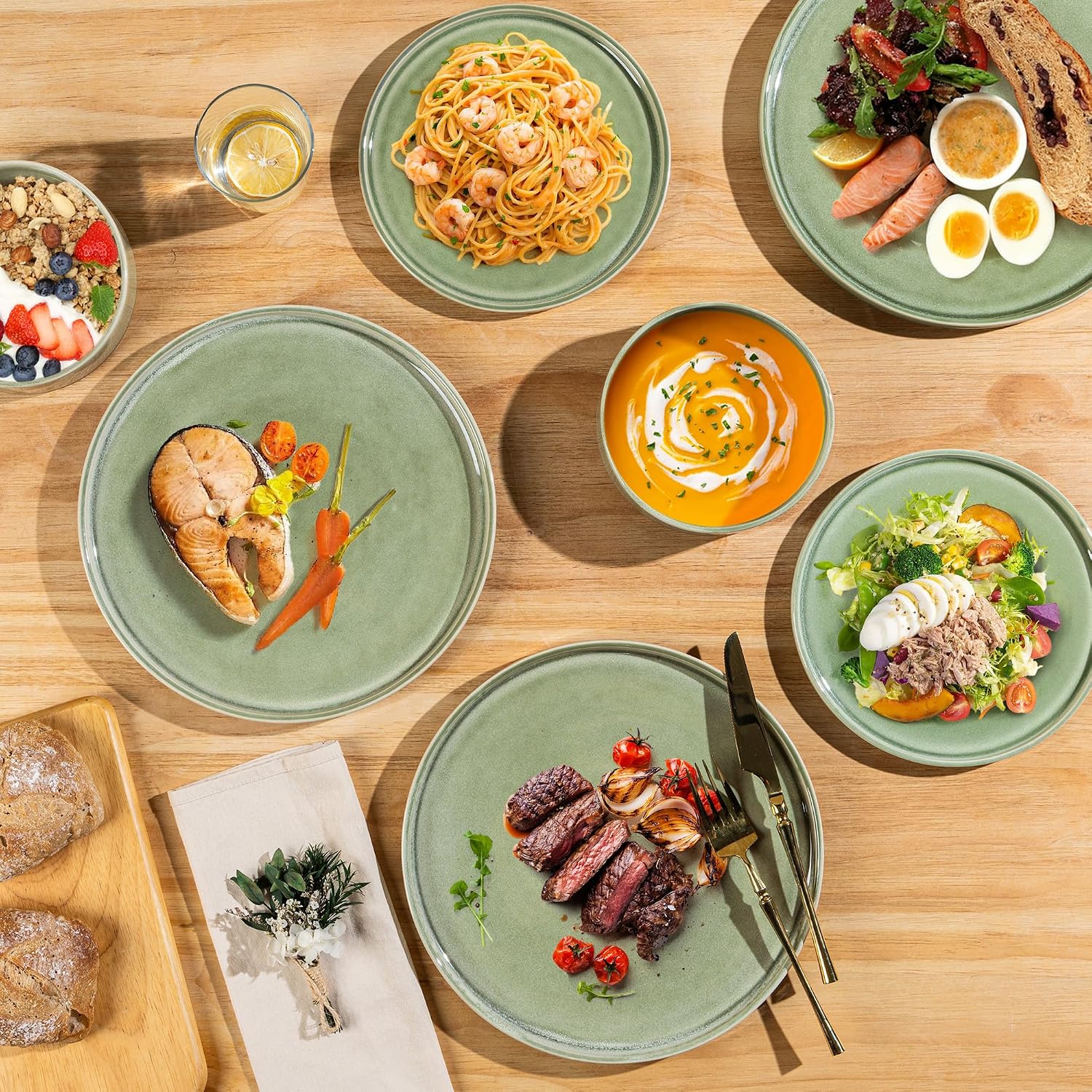 AmorArc Ceramic Dinnerware Sets, Handmade Reactive Glaze Stoneware Plates and Bowls Sets,Highly Chip and Crack Resistant | Dishwasher & Microwave Safe Dishes Set, Service for 8 (24pc)