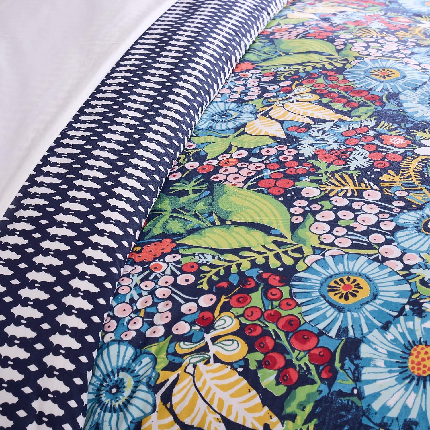 Levtex Home - Night Garden Duvet Set - Full/Queen Duvet Cover (90x94in.) and 2 Standard Shams (20x26in.) - Floral Design - Reversible Geometric Back - Cotton Front and Back - Button Closure