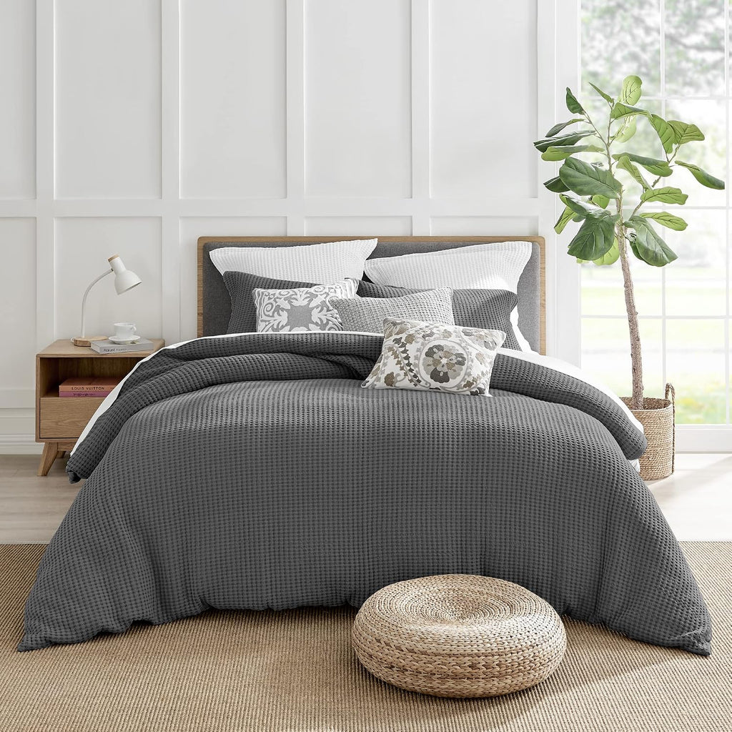 Levtex Home Mills Waffle King Duvet Cover Set (106x94in) with 2 Pillow Shams (36x20in) - Charcoal - Cotton King Size Duvet Cover Set - Soft, Pre-Washed