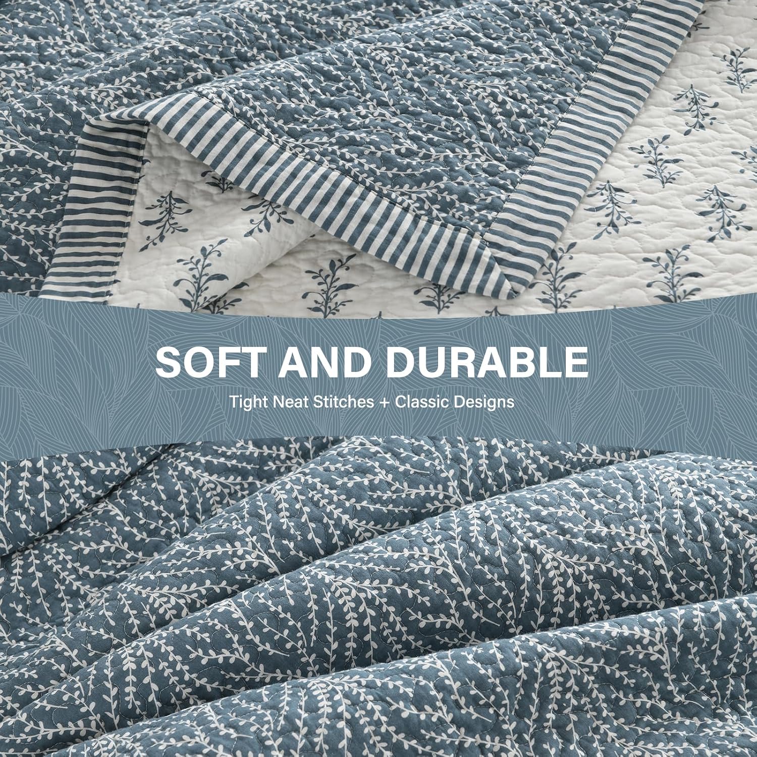 SahSahCasa Quilt Set King Size, 100% Cotton Quilt Bedding Set Bedspread, Botanical Pattern Solid Color Chic Lightweight Quilted Comforter for King Bed, White/Grayish-Blue, All Season, 3 Pieces