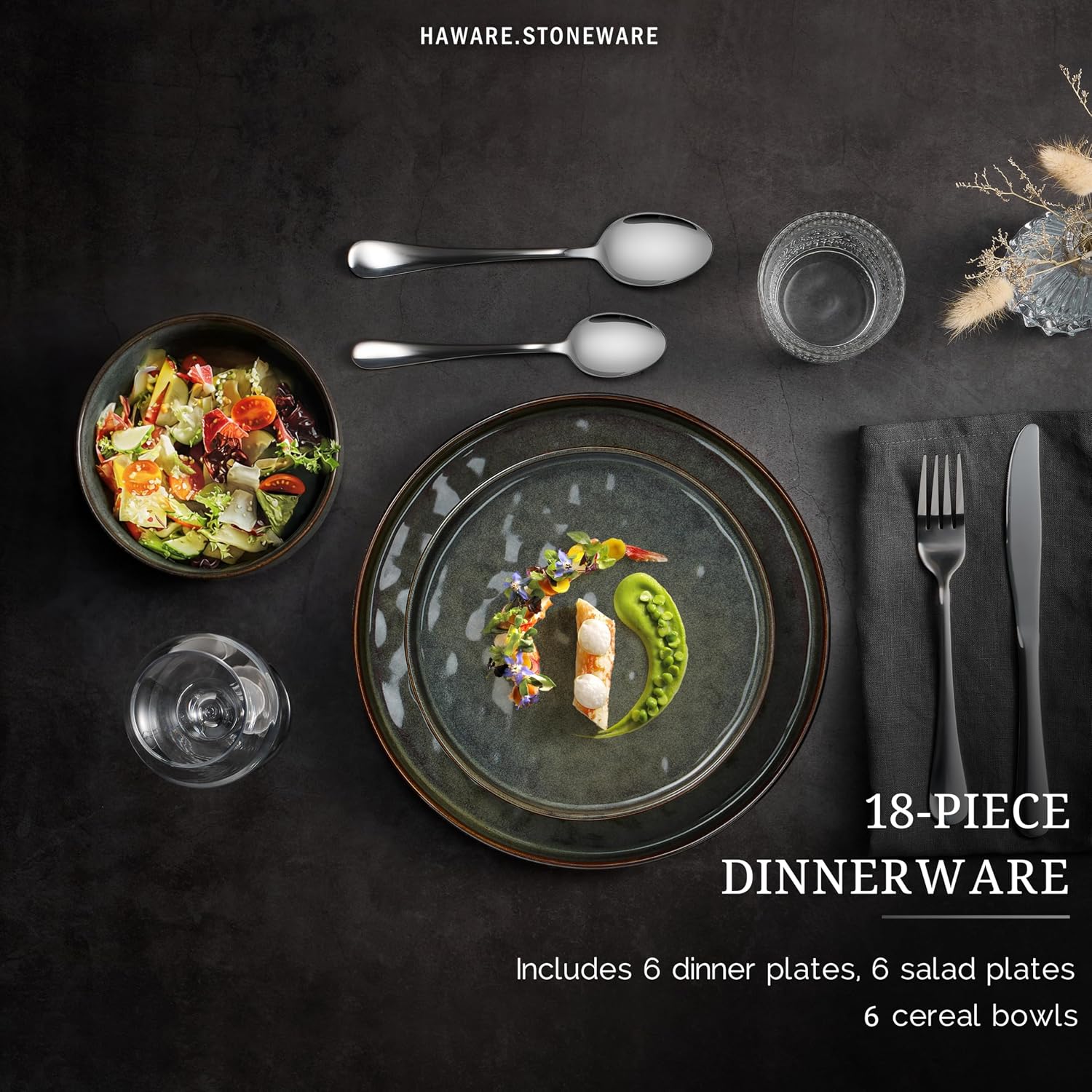 HaWare Dinnerware Sets, 18-Piece Plates and Bowls Set, Stoneware Dish Set for 6, Ceramic Dinnerware for Home Restaurant, Chip and Scratch Resistant, Microwave and Dishwasher Safe, Reactive Moss Green