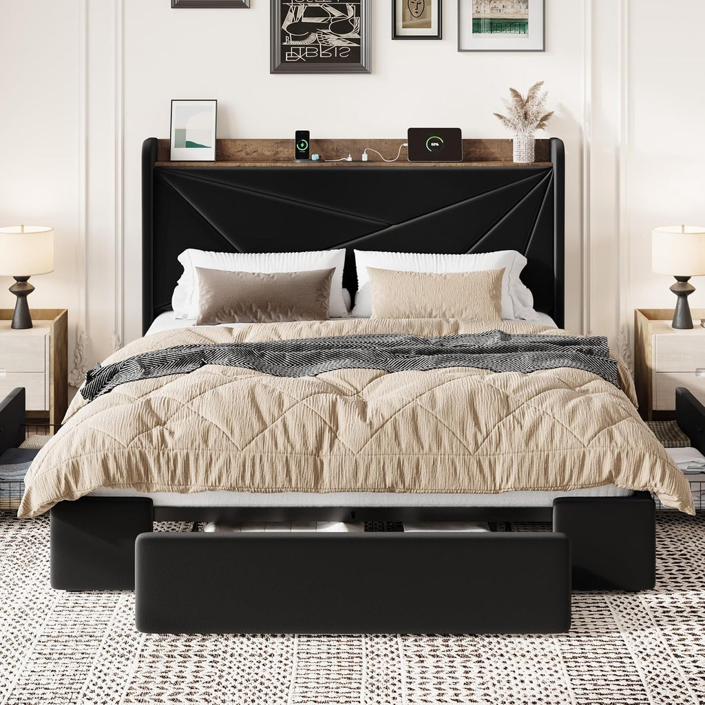 SHA CERLIN Full Size Bed Frame with 3 Drawers, USB & Type-C Charging Ports, Velvet Upholstered Platform Bed with Modern Geometric Wingback Storage Headboard, No Box Spring Needed, Easy Assembly, Black