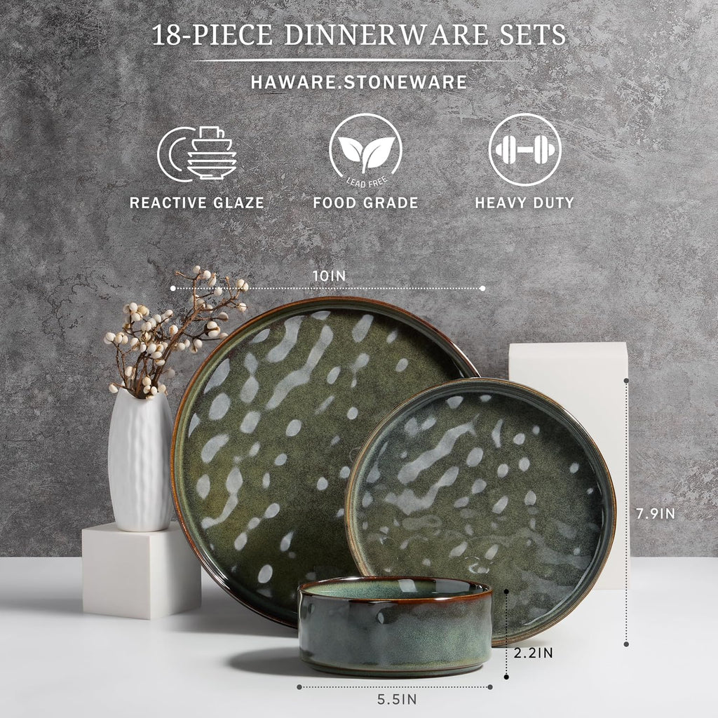 HaWare Dinnerware Sets, 18-Piece Plates and Bowls Set, Stoneware Dish Set for 6, Ceramic Dinnerware for Home Restaurant, Chip and Scratch Resistant, Microwave and Dishwasher Safe, Reactive Moss Green