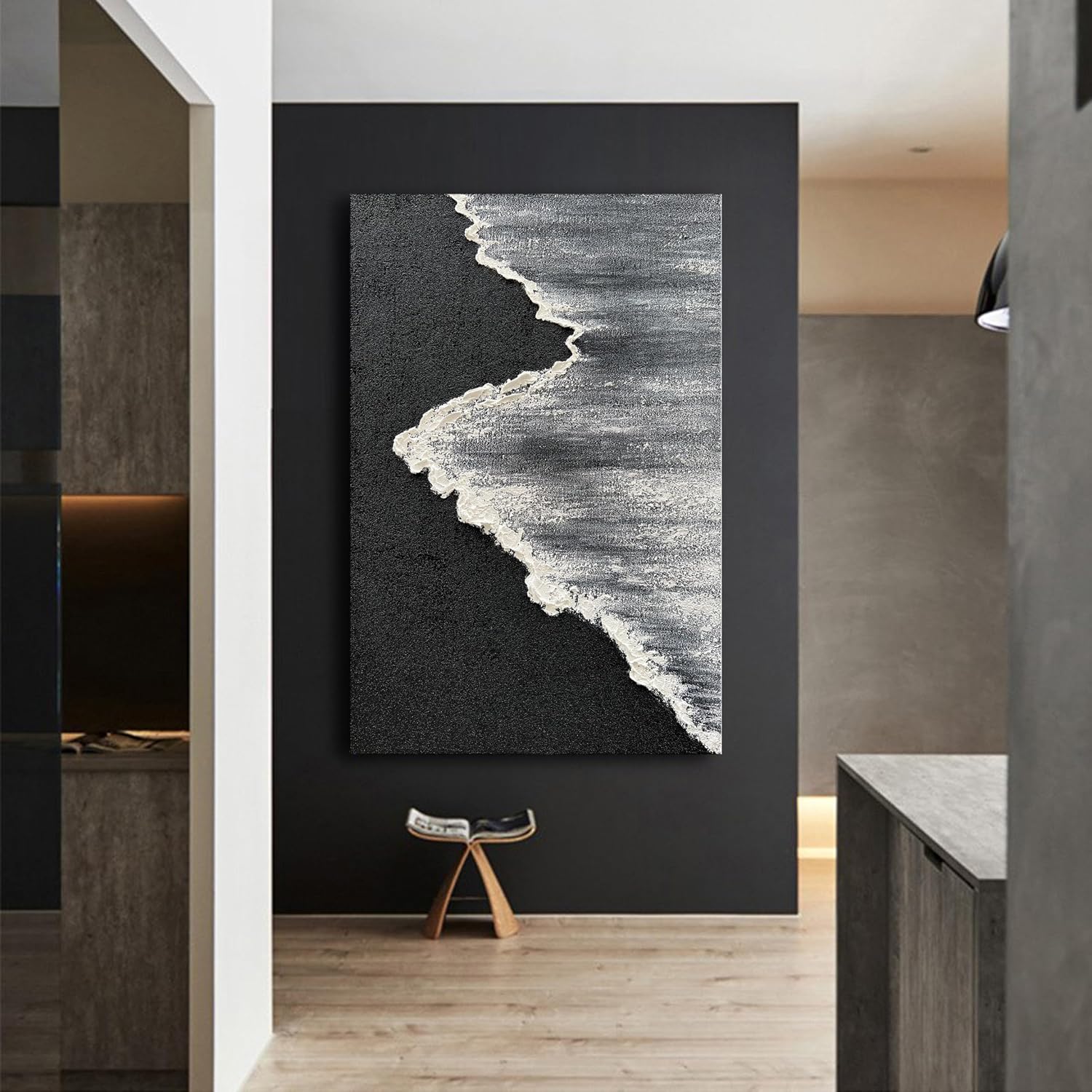 NANKAI Art Hand-Painted 3D Ocean Landscape Oil Painting Black and White Abstract Canvas Art Mural Family Wall Decoration Art 45x30 inches
