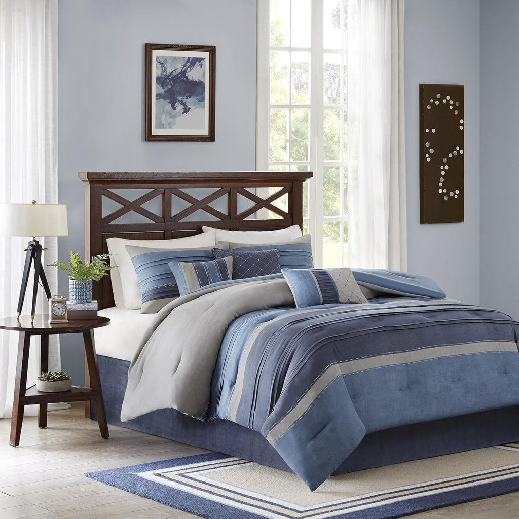 Madison Park Cozy Comforter Set Casual Modern Design - All Season Bedding, Matching Bed Skirt, Decorative Pillows, Collins, Suede Blue Grey King(104'x92') 7 Piece