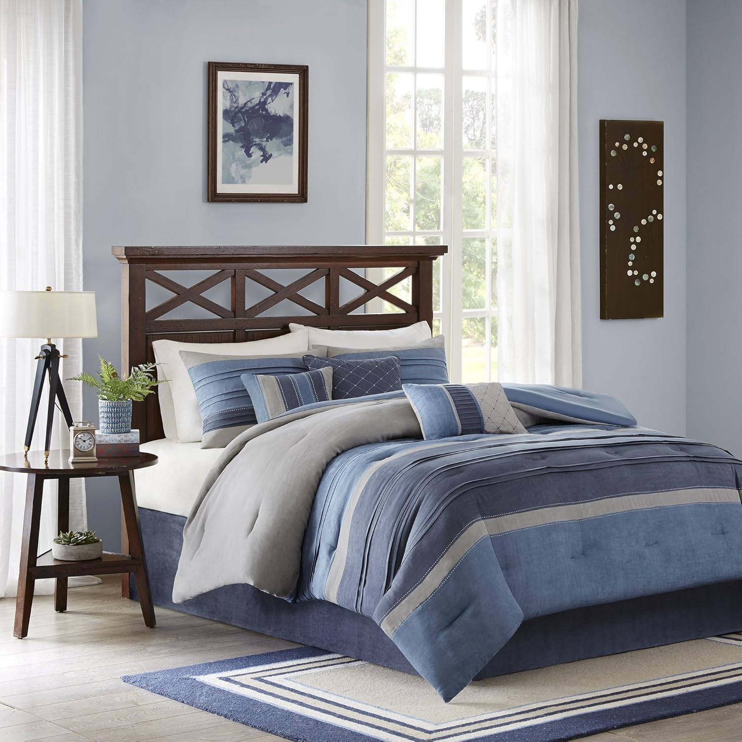 Madison Park Cozy Comforter Set Casual Modern Design - All Season Bedding, Matching Bed Skirt, Decorative Pillows, Collins, Suede Blue Grey King(104'x92') 7 Piece