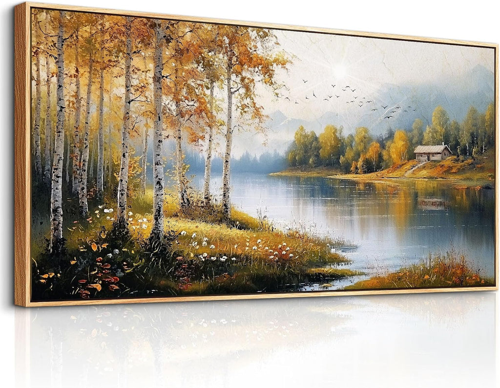 ERQINHUA Large Canvas Wood Framed Wall Art Living Room Wall Decor For Bedroom Forest Landscape Painting Lakeside Watercolour Wall Pictures Artwork Picture Office Farmhouse Home Decorations 24x48 In